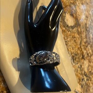 Silver Floral Statement Cuff Bracelet with Oval Cabochon